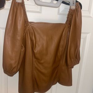 Marc New York Tan Faux Leather Puff Sleeve Blouse